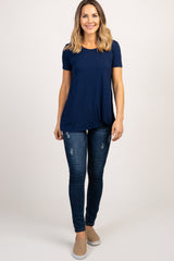 PinkBlush Navy Blue Solid Short Sleeve Knot Hem Top