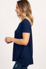 PinkBlush Navy Blue Solid Short Sleeve Knot Hem Top