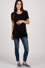 PinkBlush Black Solid Short Sleeve Knot Hem Maternity Top