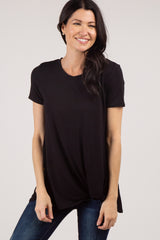 PinkBlush Black Solid Short Sleeve Knot Hem Top