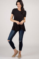 PinkBlush Black Solid Short Sleeve Knot Hem Top