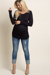 Black Plaid Elbow Patch Maternity Top