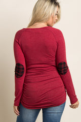 Red Plaid Elbow Patch Maternity Top