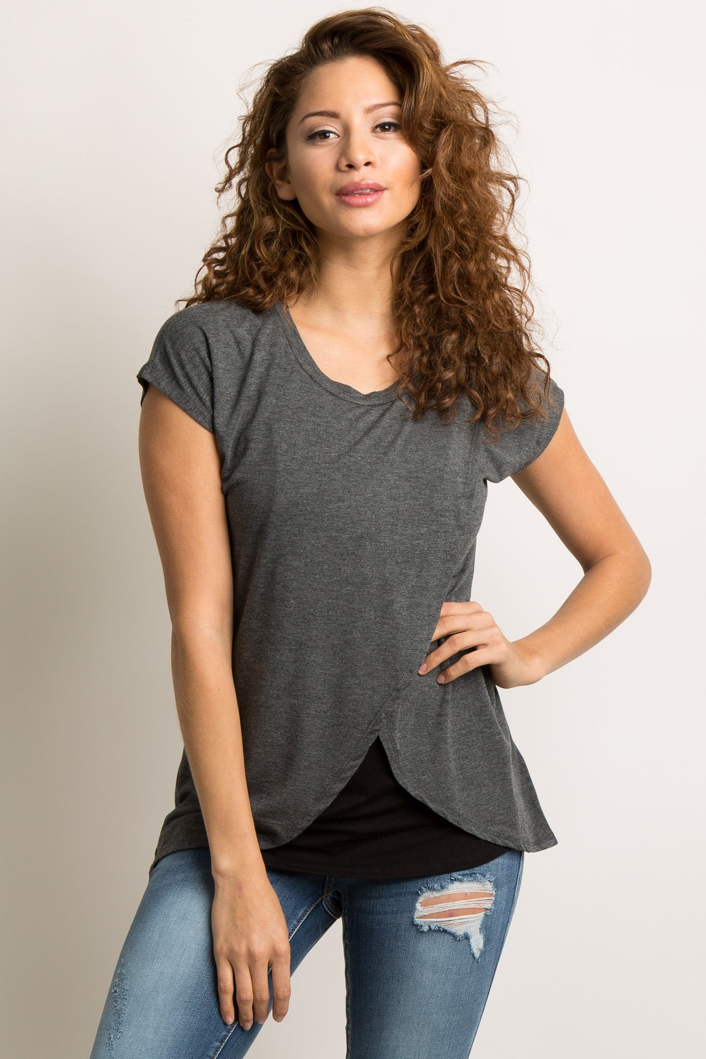 Charcoal Grey Layered Wrap Front Maternity/Nursing Top