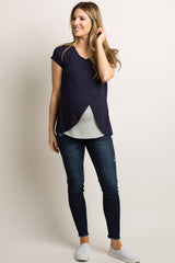 Navy Blue Layered Wrap Front Maternity/Nursing Top