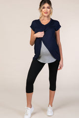 Navy Blue Layered Wrap Front Maternity/Nursing Top