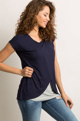 Navy Blue Layered Wrap Front Nursing Top