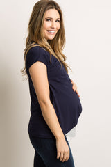 Navy Blue Layered Wrap Front Maternity/Nursing Top