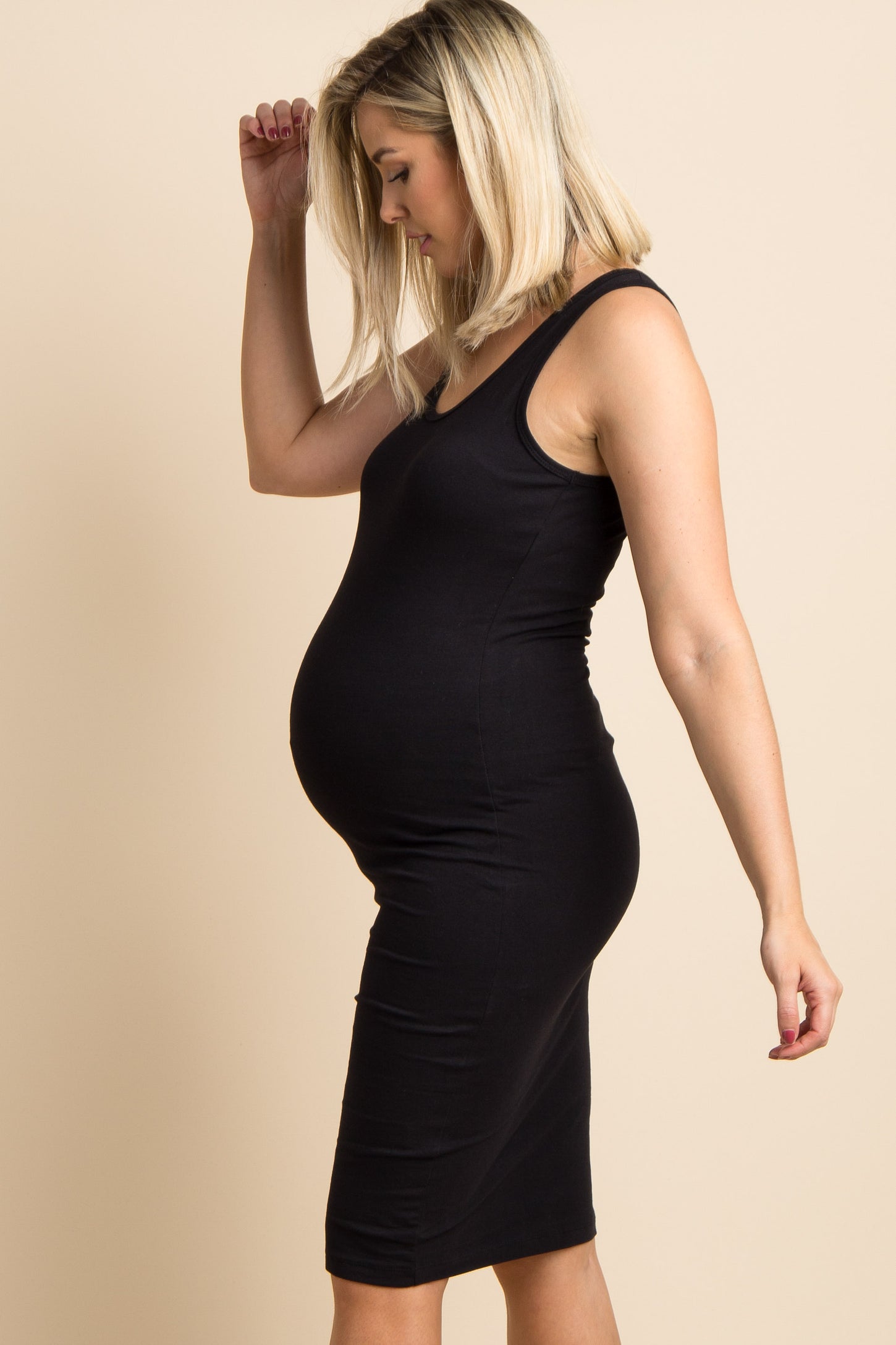Black Solid Sleeveless Fitted Maternity Bodycon Dress