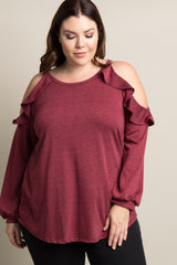 Burgundy Ruffle Trim Cold Shoulder Plus Maternity Top