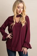 Burgundy Chiffon Cutout Ruffle Sleeve Maternity Top