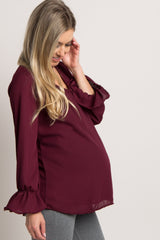 Burgundy Chiffon Cutout Ruffle Sleeve Maternity Top