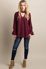 Burgundy Chiffon Cutout Ruffle Sleeve Top