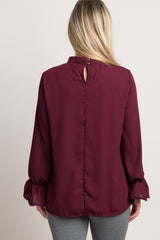Burgundy Chiffon Cutout Ruffle Sleeve Maternity Top
