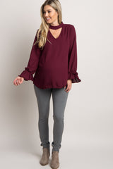 Burgundy Chiffon Cutout Ruffle Sleeve Maternity Top