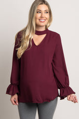 Burgundy Chiffon Cutout Ruffle Sleeve Maternity Top
