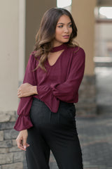 Burgundy Chiffon Cutout Ruffle Sleeve Maternity Top