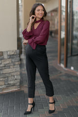 Burgundy Chiffon Cutout Ruffle Sleeve Maternity Top