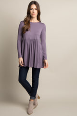 Purple Solid Long Sleeve Peplum Top