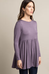 Purple Solid Long Sleeve Peplum Top