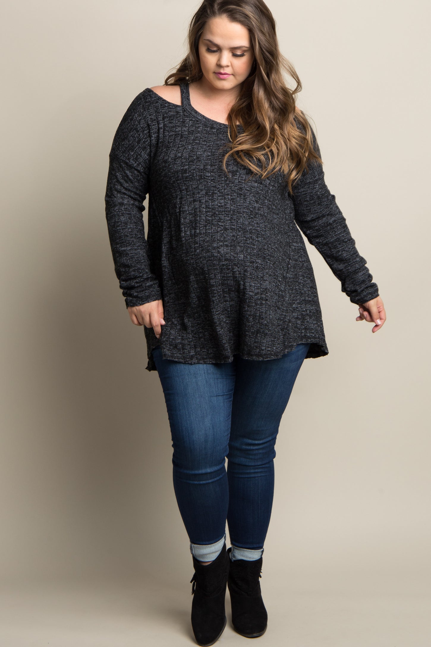 Charcoal Grey Cold Shoulder Knit Plus Maternity Top