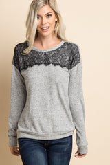 Grey Lace Accent Soft Knit Sweater