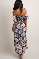 PinkBlush Blue Floral Off Shoulder Smocked Wrap Dress