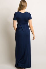 Navy Blue Solid Side Pocket Maternity Maxi Dress