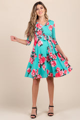 PinkBlush Aqua Floral Sash Tie Maternity Wrap Dress