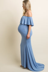 Blue Ruffle Off Shoulder Mermaid Maternity Photoshoot Gown/Dress