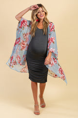 Light Blue Floral Chiffon Draped Maternity Cover Up