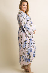 Light Pink Floral Bell Sleeve Hi-Low Plus Maternity Wrap Dress