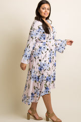 Light Pink Floral Bell Sleeve Hi-Low Plus Wrap Dress