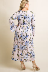 Light Pink Floral Bell Sleeve Hi-Low Plus Maternity Wrap Dress