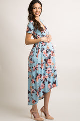 Light Blue Floral Hi-Low Maternity Midi Dress