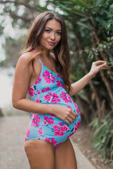 Light Blue Rose Floral Lace-Up Back One-Piece Maternity Swimsuit