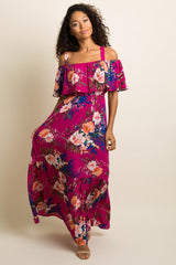 PinkBlush Magenta Floral Ruffle Open Shoulder Maternity Maxi Dress