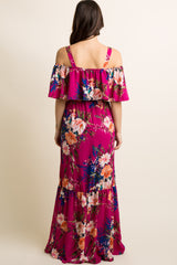 PinkBlush Magenta Floral Ruffle Open Shoulder Maternity Maxi Dress