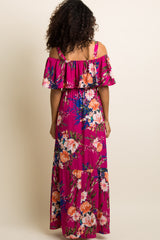 PinkBlush Magenta Floral Ruffle Open Shoulder Maxi Dress