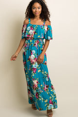 PinkBlush Teal Floral Ruffle Open Shoulder Maxi Dress