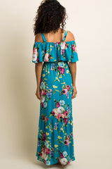 PinkBlush Teal Floral Ruffle Open Shoulder Maxi Dress