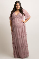 PinkBlush Mauve Lace Mesh Overlay Plus Maternity Maxi Dress