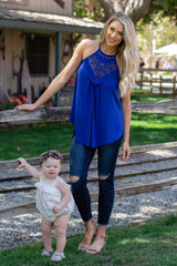 Blue Crochet Accent Halter Cami Top