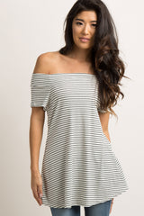 White Striped Ribbed Off Shoulder Top
