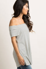 White Striped Ribbed Off Shoulder Top