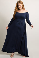 PinkBlush Navy Blue Solid Off Shoulder Maternity Plus Maxi Dress