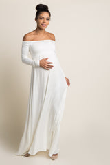 PinkBlush Tall Ivory Solid Off Shoulder Maternity Maxi Dress