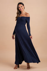 PinkBlush Petite Navy Blue Solid Off Shoulder Maternity Maxi Dress