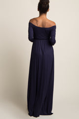 PinkBlush Tall Navy Blue Solid Off Shoulder Maternity Maxi Dress