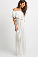 Ivory Off Shoulder Ruffle Trim Maternity Maxi Dress